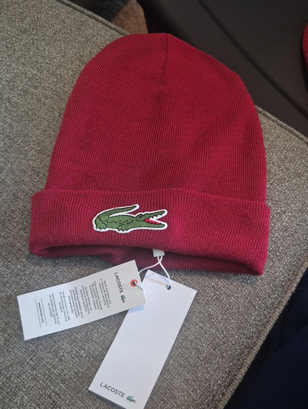 Lacoste  Burgundy Knit Beanie with Croc Patch
